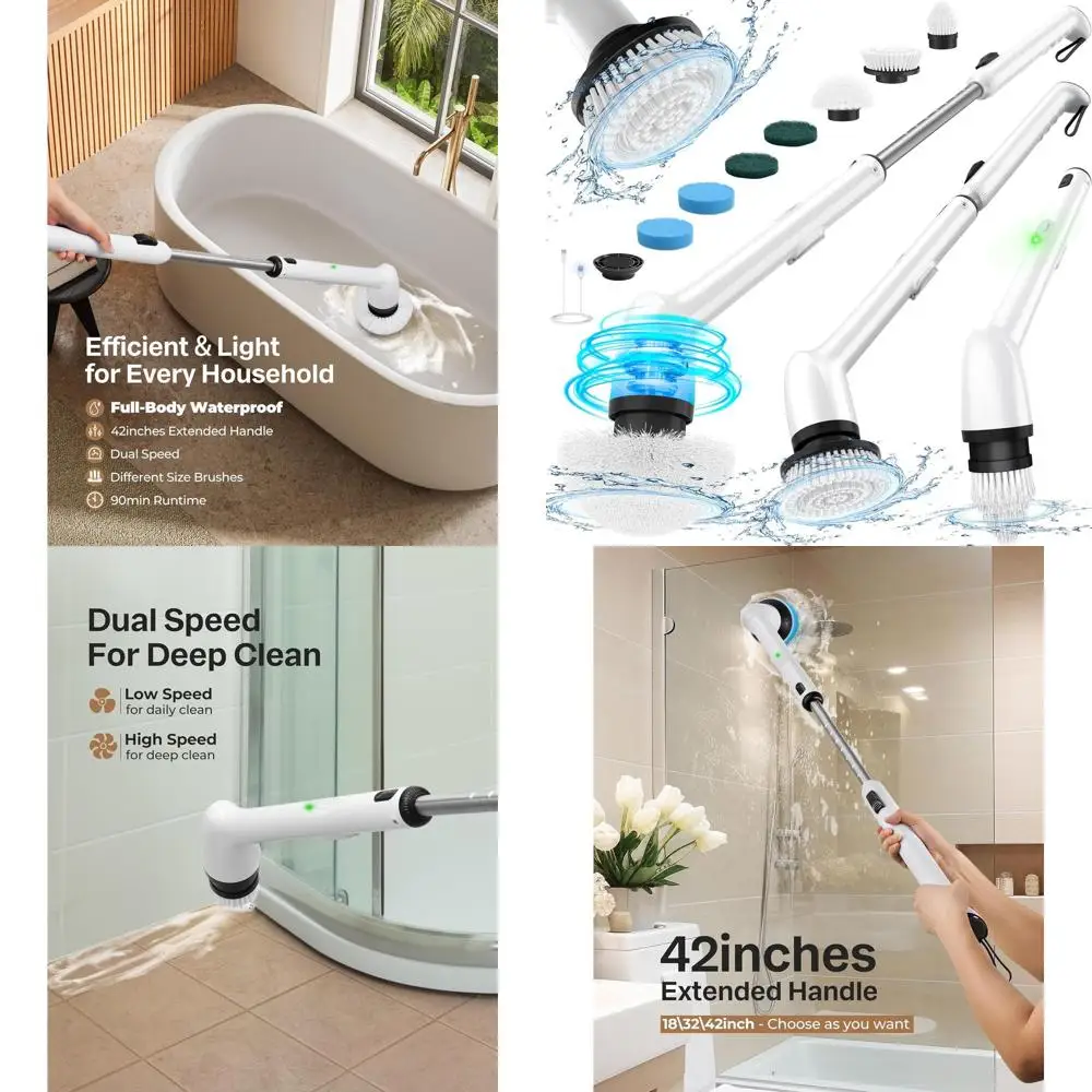 

Full-Body Waterproof Bathroom Scrubber with Long Handle, 2-Speed Shower Brush for Tile, Tub, and Floor Cleaning