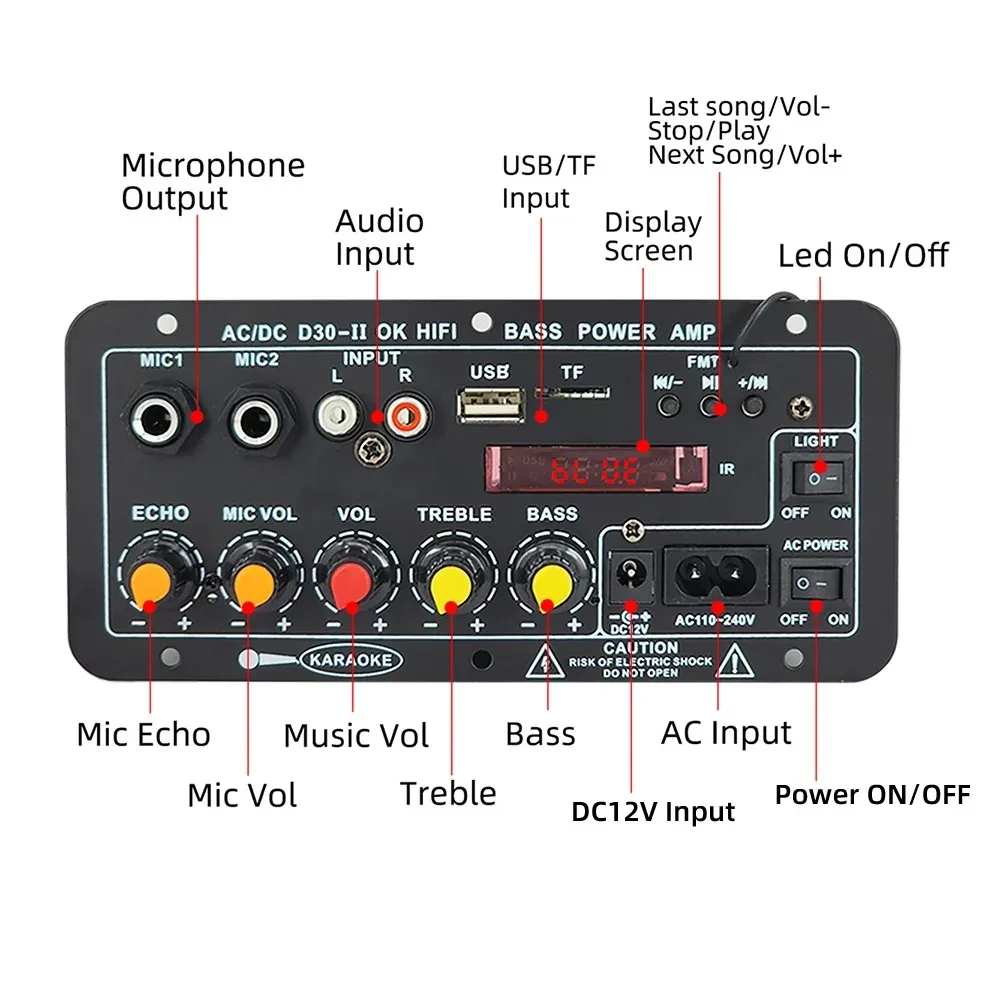 Placa amplificadora estéreo Digital con Bluetooth, Subwoofer, micrófono Dual, amplificador de Karaoke, altavoz de 8-12 pulgadas, CA 220V, 12v, 24v