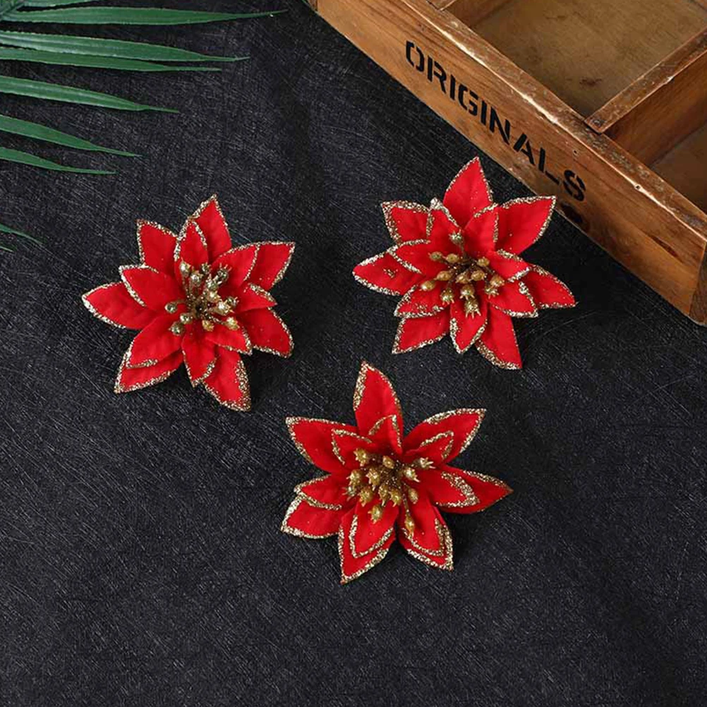 

24pcs Christmas Glitter Flowers Decorative Artificial Wreath Flowers For Tree Decoration Reusable Ornament Accessory Photo Prop