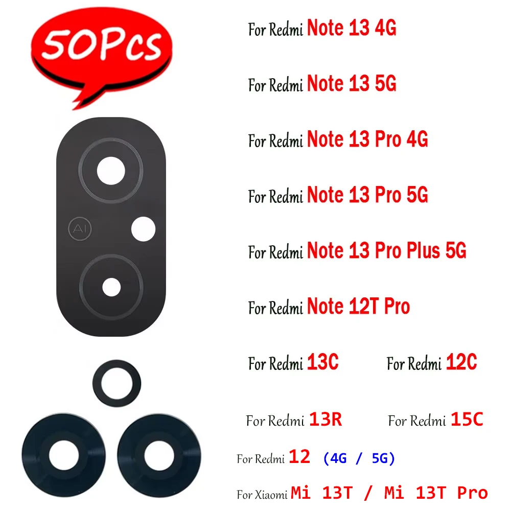 50Pcs，Rear Back Camera Glass Lens with Sticker Replacement For Xiaomi Redmi 13 12C 13C 5G 15C 13R Note 13 4G 12T Pro Plus 5G