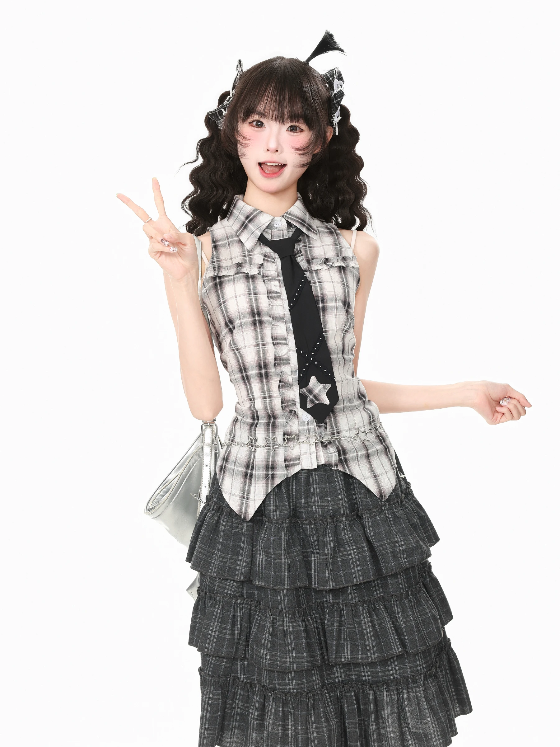 Blue Ghost Park Languid Park Plaid Knitted Shirt Cake Skirt Three-Piece Set Women's Autumn Collection Casual Fashion Ensemble