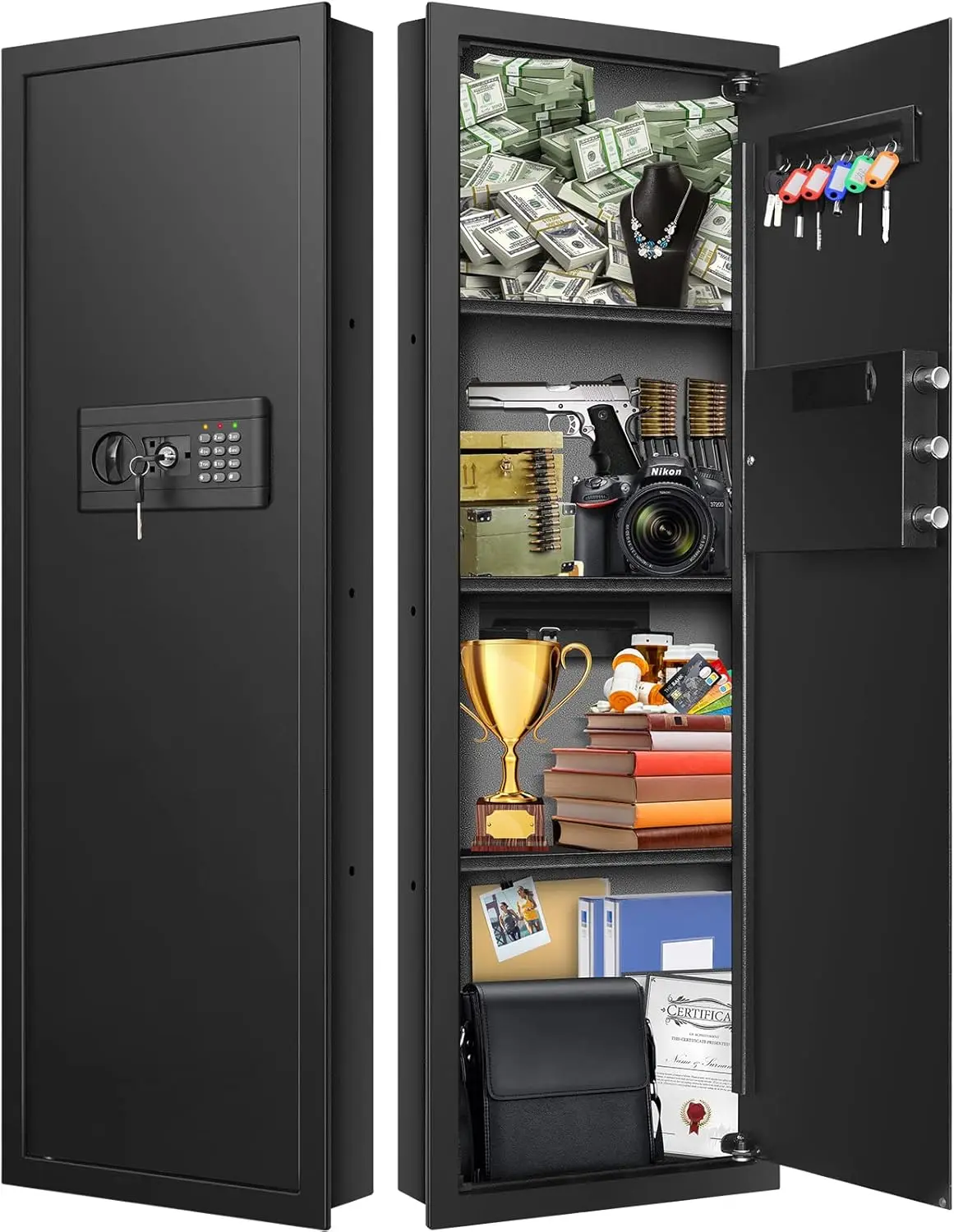43.3'' Fireproof Wall Safe Between Studs, Digital Keypad & Removable Shelf for Home Security Storage