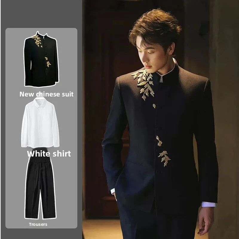 

Elegant Black Gold Heavy Work Wedding Suit for Men New Chinese Style National Fashion Engagement Marriage Groom Western Suit Set