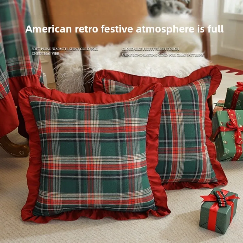 Christmas Plaid Pillow Case Plush Fabric Soft Double Sided Print Home Sofa High Quality Cushion Cover Throw