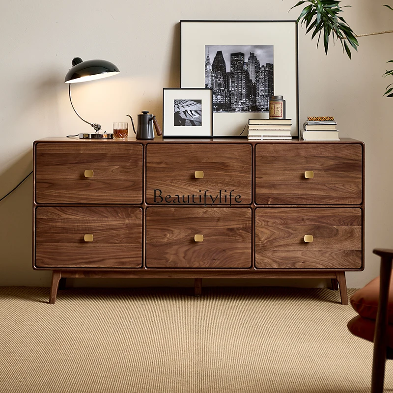 Black walnut chest of drawers, simple modern bedroom, bedside locker, storage against the wall