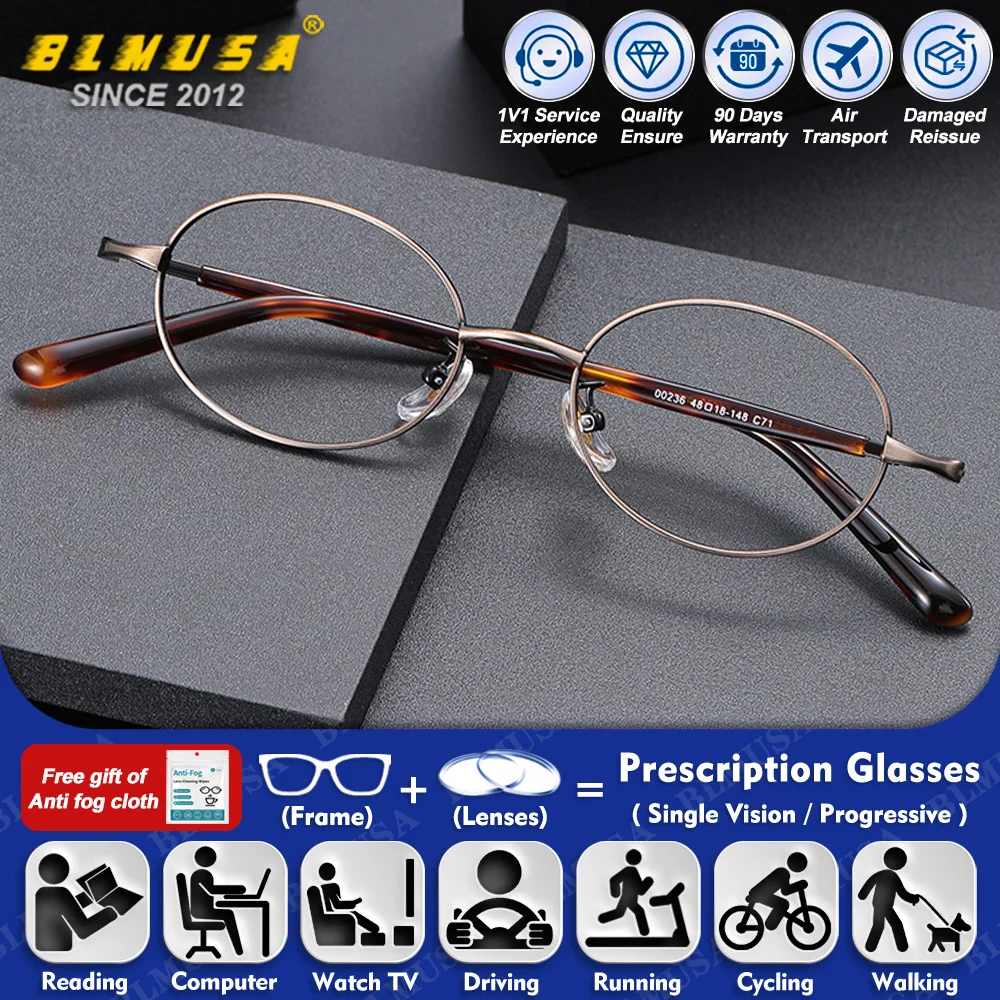 

BLMUSA (S) Fashionable Men Alloy Oval Myopia Progressive Glasses High Quality Anti Blue Light Photochromic Prescription Eyeware