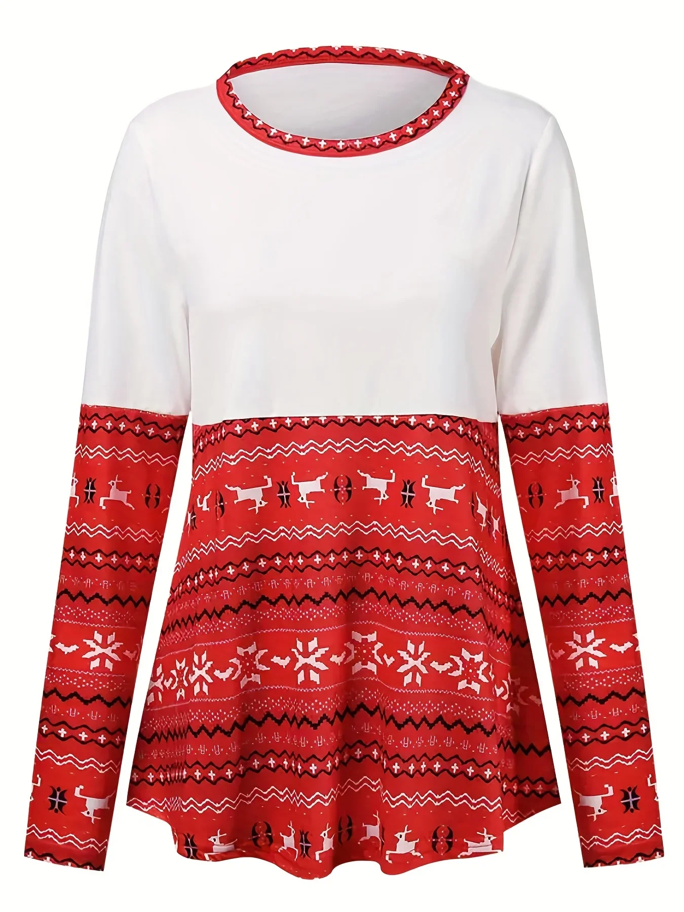 Women Crew Neck Christmas Pattern Color Block Long Sleeve Tunic Shirt Curved Hem Holiday Top