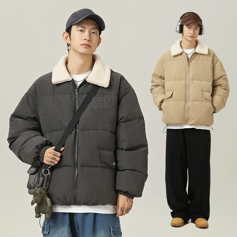 

American 2025 New Fashion Winter Men's Color-coded Casual Trendy Turn-down Collar Loose Cotton Padded Jacket Male Basic Coats