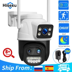 Hiseeu 9MP WIFI IP Camera Three Lens & Dual Screen With 8X Zoom PTZ Camera Ai Auto Tracking Security Video Surveillance Camera