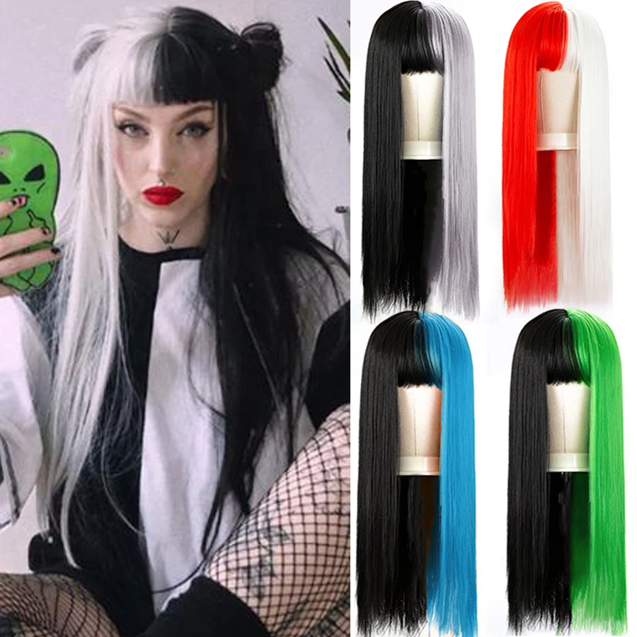 Synthetic Pink Wig 26inch Lolita Wig Pink And Black Wig Cosplay Halloween Girl Women Green Wig With Bangs Half Black Hairpieces