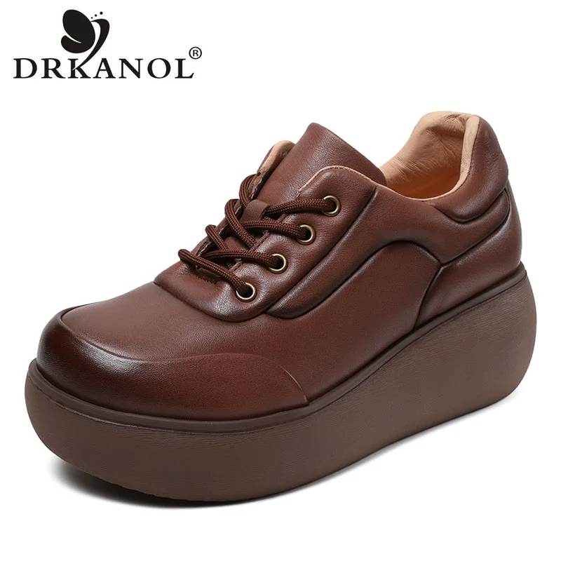 DRKANOL Women Platform Shoes Handmade Retro Style Genuine Cow Leather Lace-Up Wedges Heel Height Increasing Casual Single Shoes