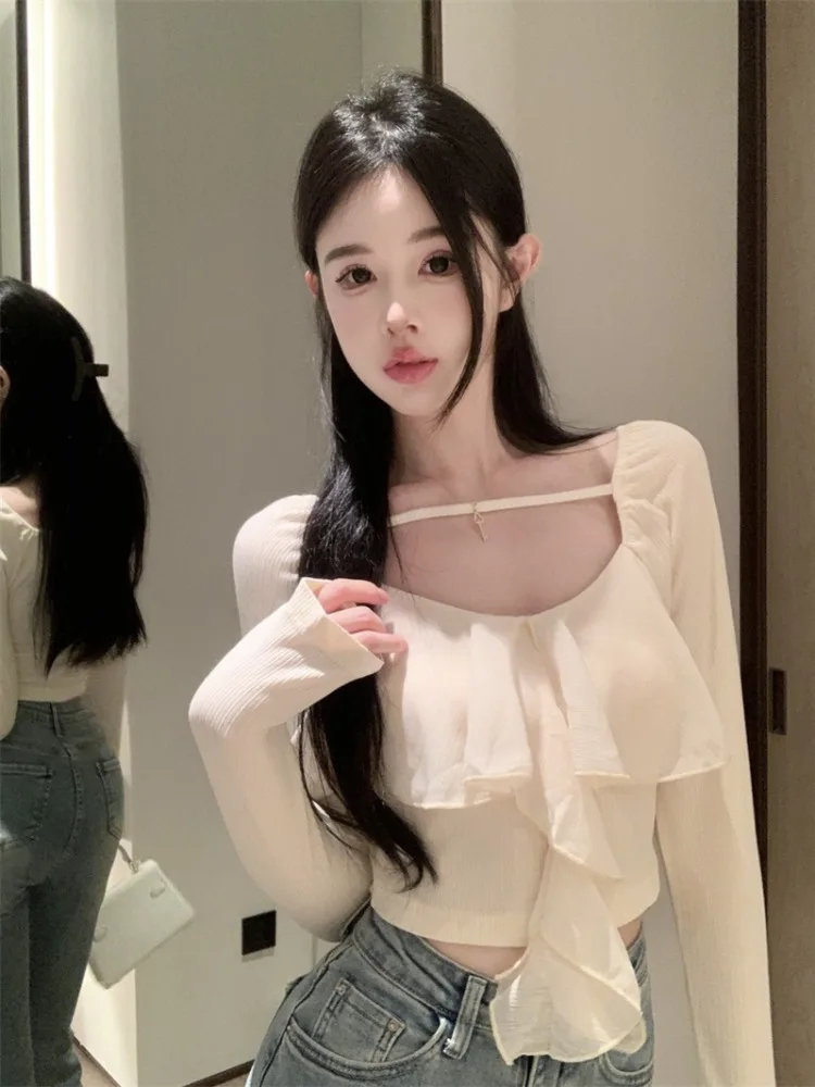 

Sweet Spicy Long Sleeve T-Shirt Women's Autumn Design Square Collar Top Patchwork Belly Button Exposure Pure Desire Style