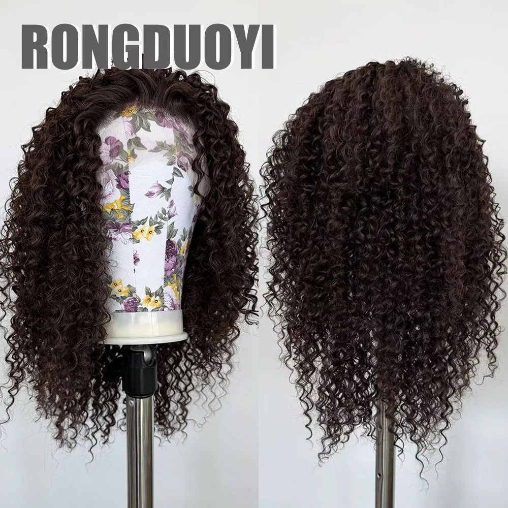 RONGDUOYI Dark Brown Curly Synthetic Wig Deep Kinky Curly Wavy Natural Hairline Lace Front Wigs Daily Use Free Part Brown Hair