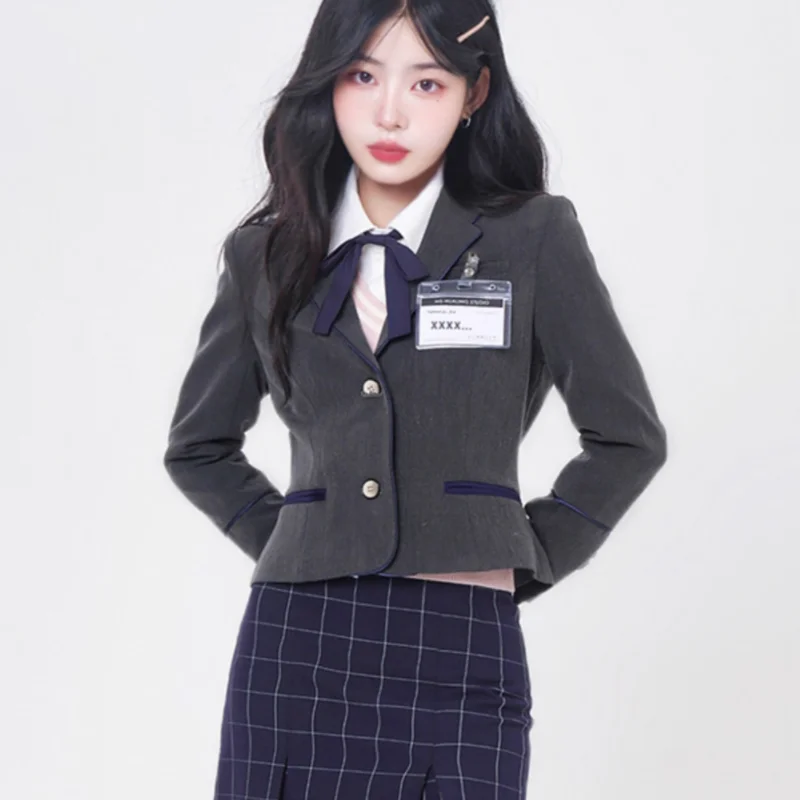 New Korean JK Uniform Preppy Style Pink Gray Suit Jacket Vest Long Sleeves Shirt Top Hip Skirt Waist Tight Slimming Set For Girl