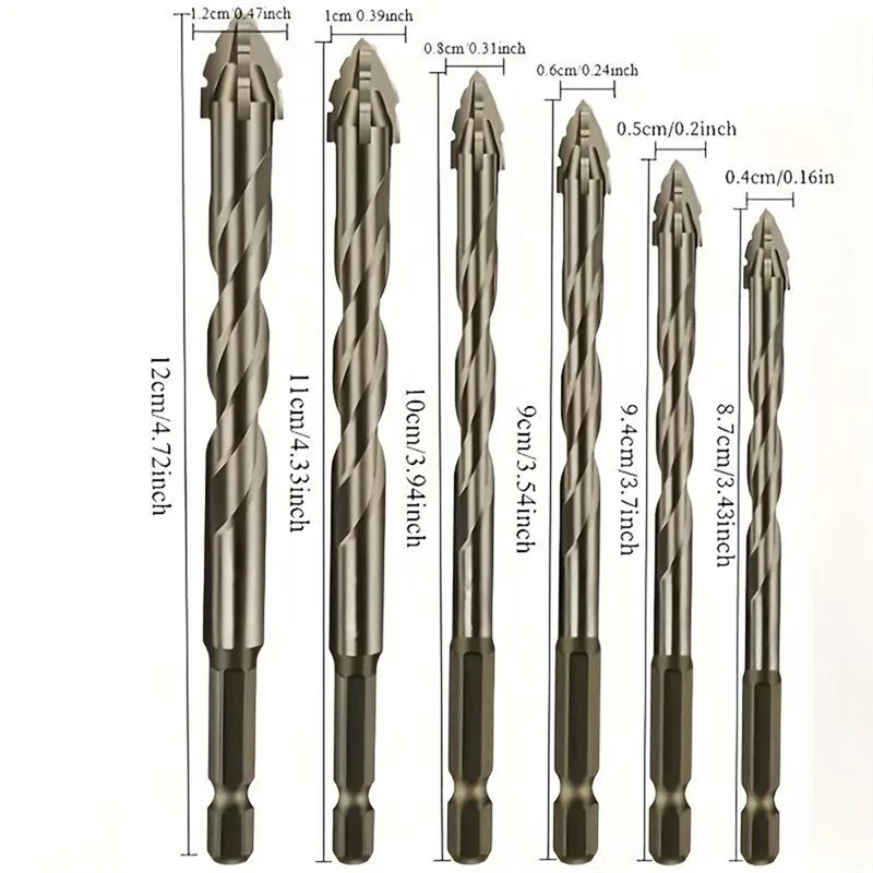 ABLN-6Pcs/set Broca de dente de serra de quatro flauta para telha de vidro Ferramentas de perfuração de metal de concreto Broca de alto desempenho 4-12mm