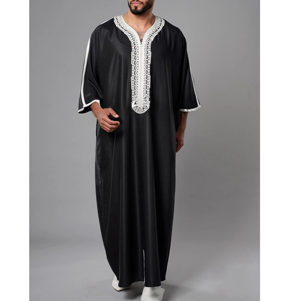 T-shirt Brodé Extra Long pour Homme, Vêtement Arabe avec Poche, Nouveau Positionnement, 2024