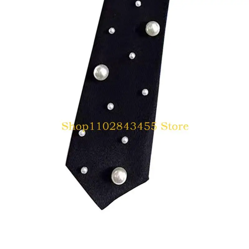 49MC Pre Knotted Black Necktie With Artificial Pearls Detail Polyester Fabric Quick Wear Pre Tied Tie For Women’s Fashion