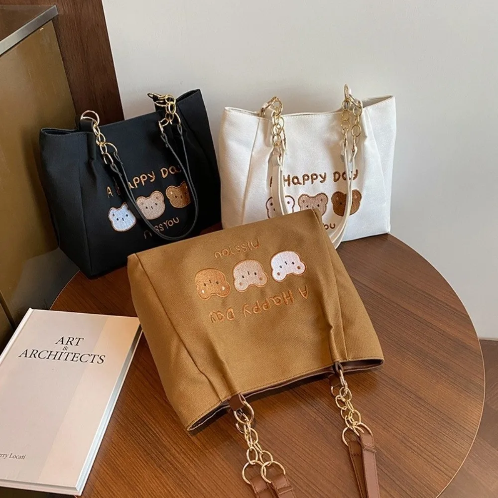 간단한 인쇄 곰 어깨 가방 대용량 솔리드 컬러 만화 토트 백 경량 한국 스타일 캔버스 핸드백 레이디