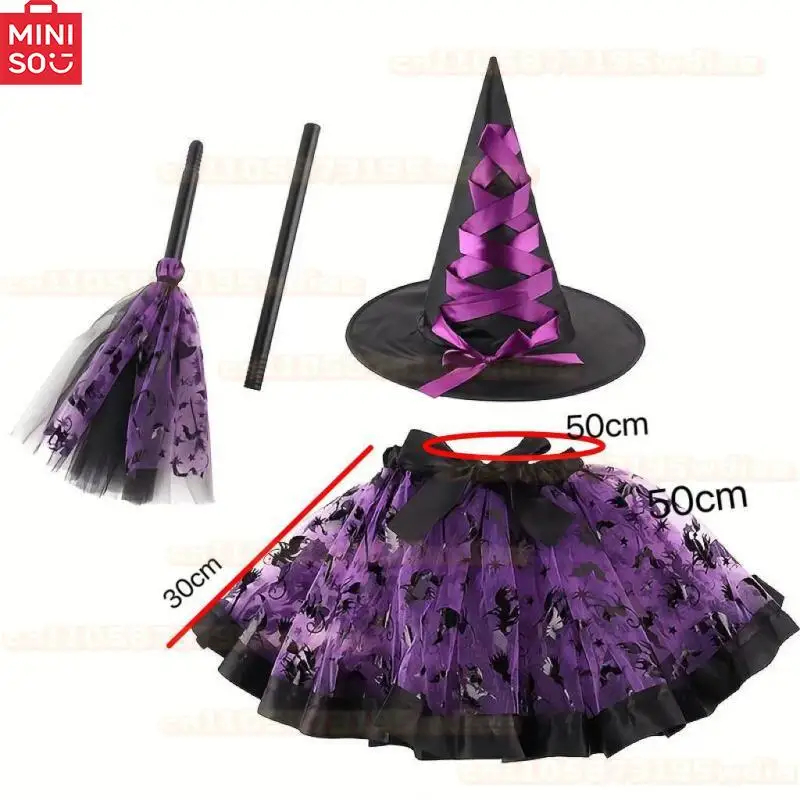 MINISO ハロウィン ガールズ 魔女 コスプレ衣装セット 3ピース バット パンプキン プリント チュチュドレス マッチングハット ほうき ネット ガーゼスカート 衣装