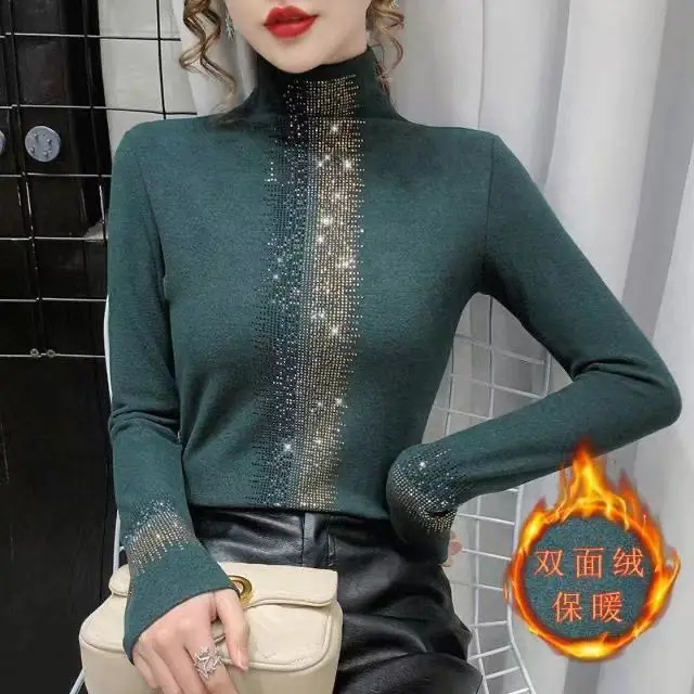 Autumn and Winter Plus Velvet Thickened Semi High Neck Slim Fit Fashionable Base Shirt New Topswomen\'s Fashion Trend T-Shirts