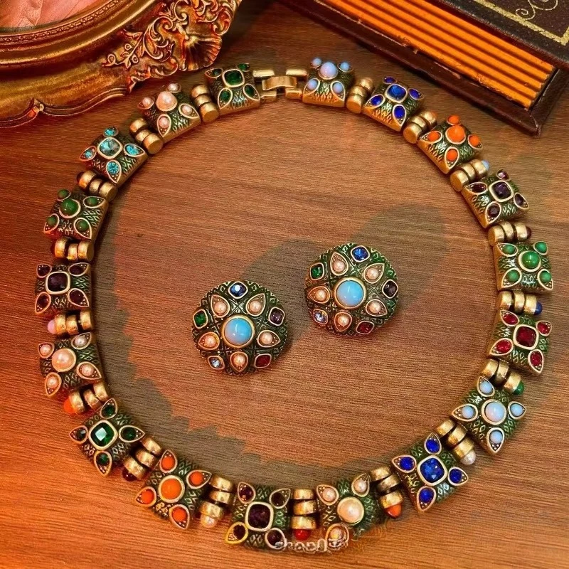Vintage Contrast Color Glass Stone Earrings, Western Court Antique Floral Gemstone Retro Jewelry Set