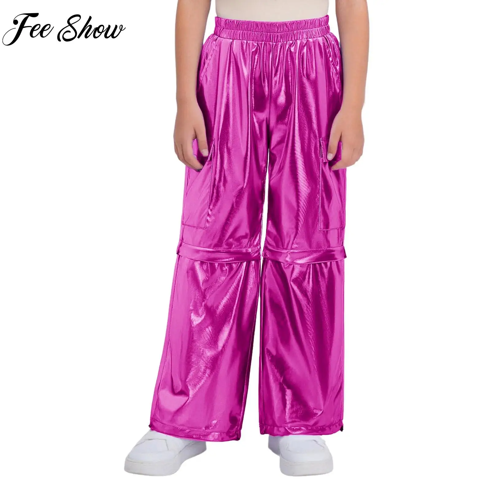 

Boys Girls Zip-Off Metallic Cargo Pants Elastic Waistband Leg Openings Trousers Teens Street Hip-Hop Pants Jazz Dance Costumes