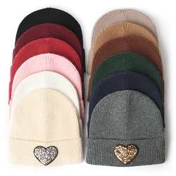Fashion Sequined Heart Knitted Winte Beanie For Women Solid Autumn Warm Casual Skullies Beanies Female Soft Thick Rolled Hats