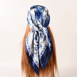 New Elegant  Fashionable Blue White Porcelain Pattern Print High-quality 90X90 Satin Large Square Scarf Luxury Replica Brands