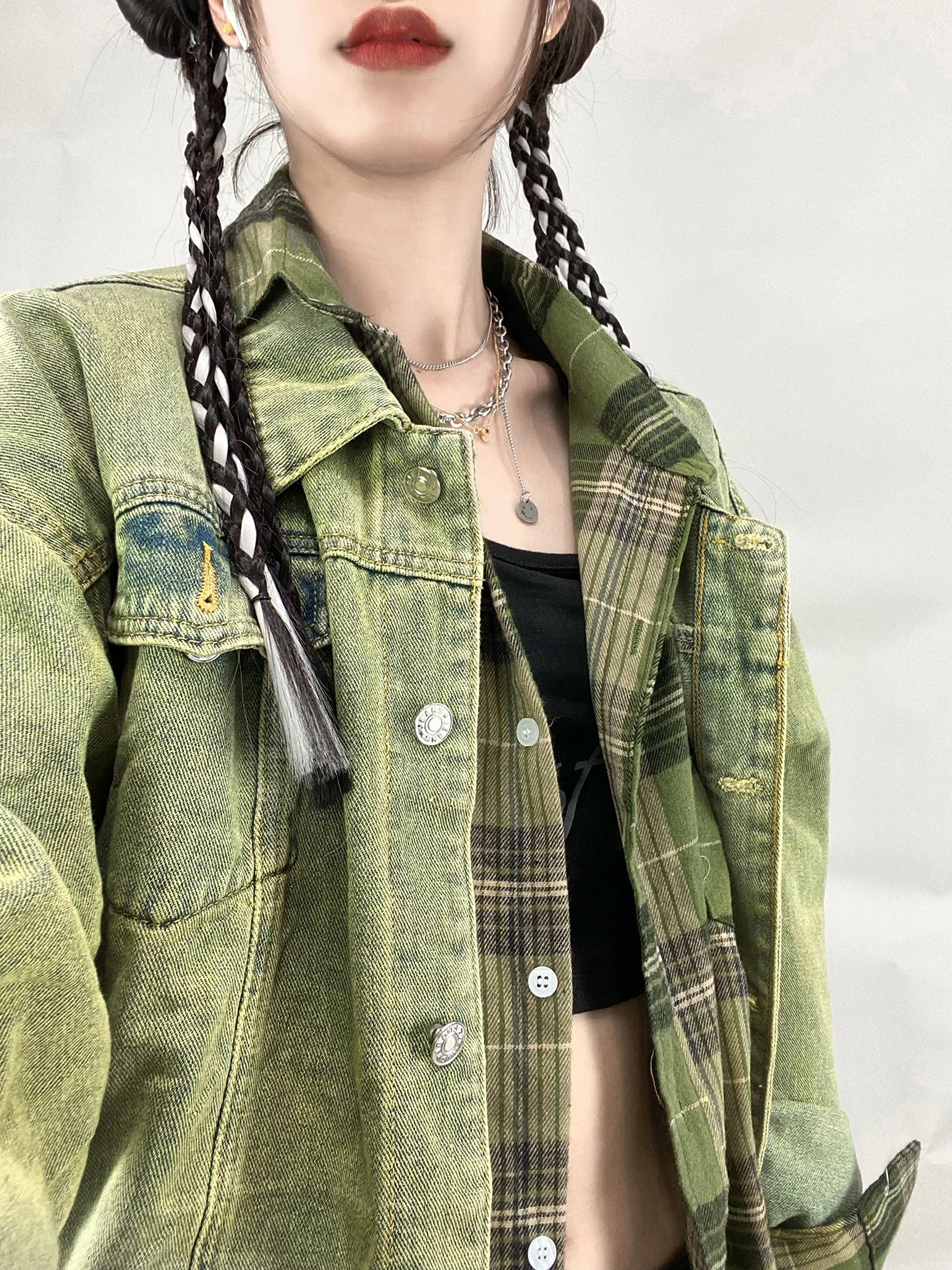 REDDACHiC Avocado Green Women Denim Jacket Oversize Skater Long Sleeves Shirt Coat Acubi Fashion Grunge Y2k 90s Vintage Outwear