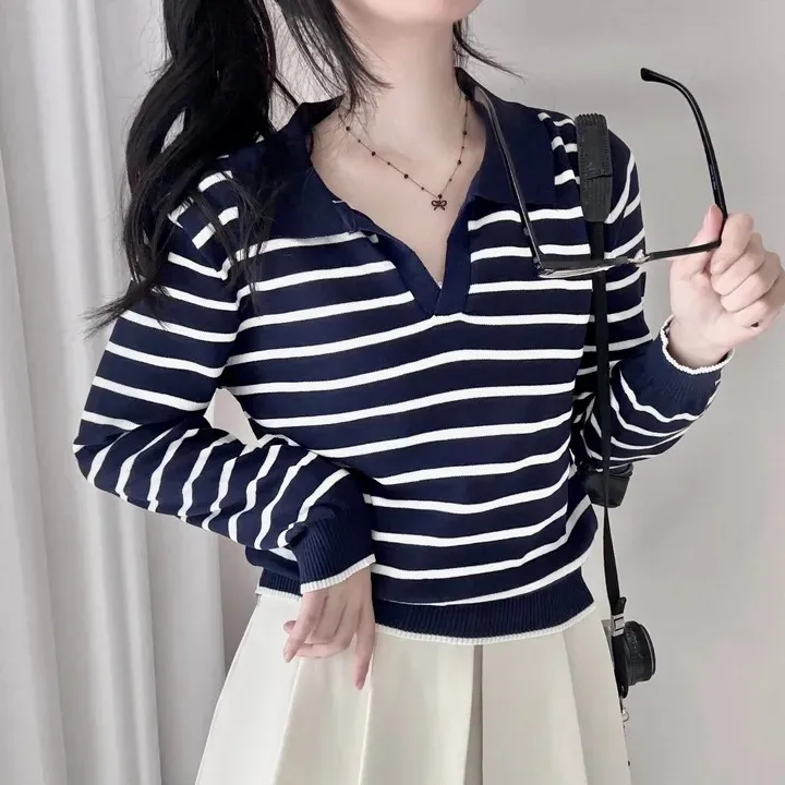 

Women's Casual Long Sve Knitted Sweater Spring Autumn Soft Cozy Striped Small Collar Comfortable Fit Faion Commute Sle