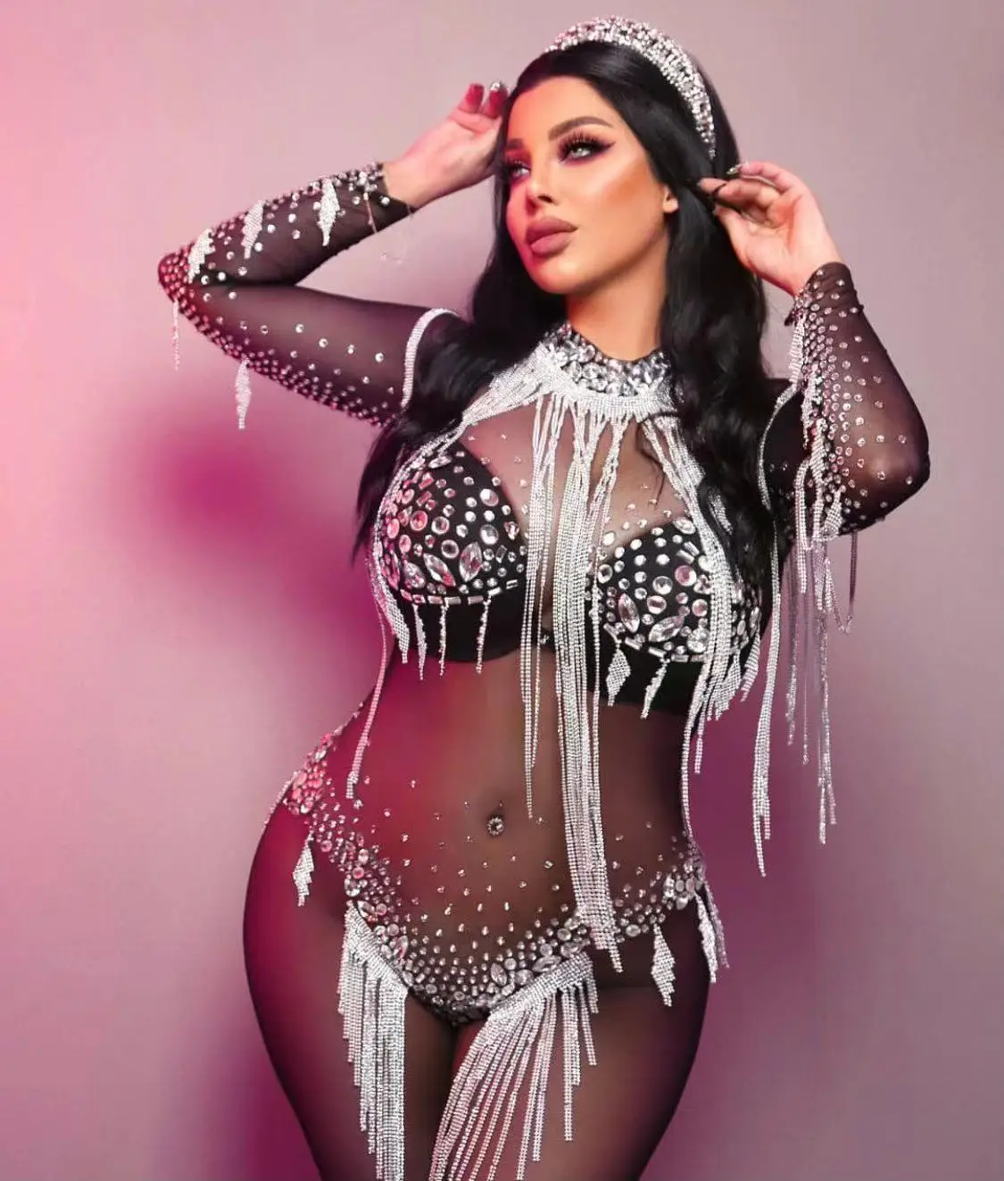 Heiyin Elegant Luxury Rhinestone Tassel Jumpsuit Women Evening Prom Dress for Host Stage Performance Birthday Party Ball Gown