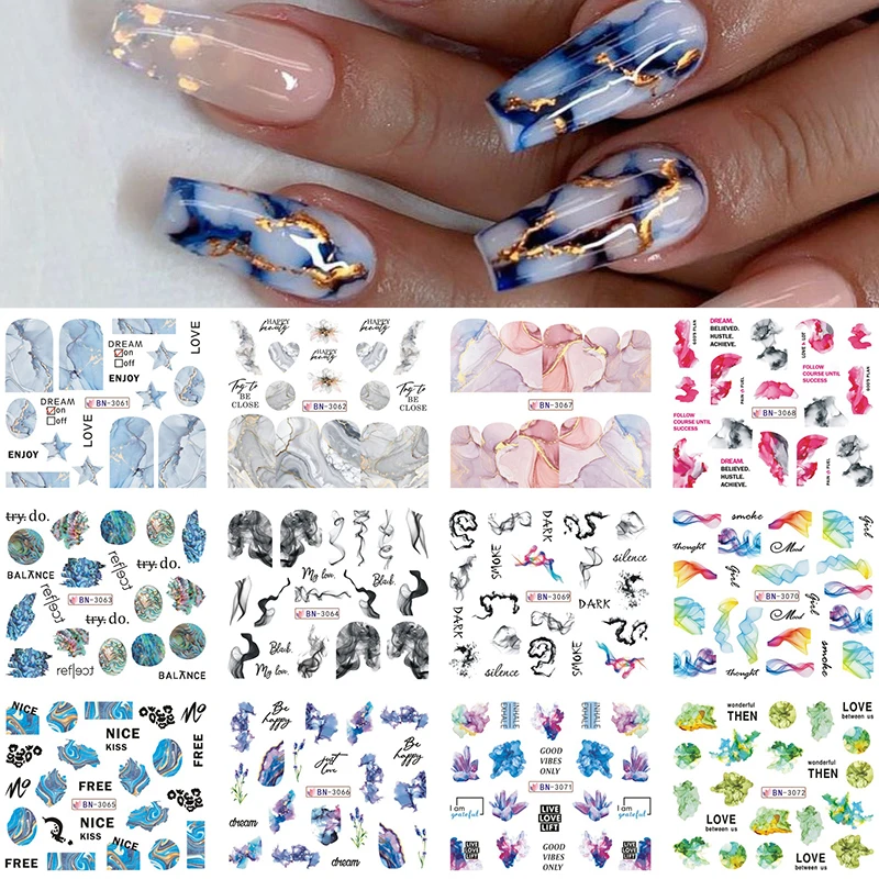 12pcs Marble Wave Nail Stickers Ink Watercolor Stone Water Transfer Sliders Tattoo Nail Art Decals Summer Flower Manicure BN3125