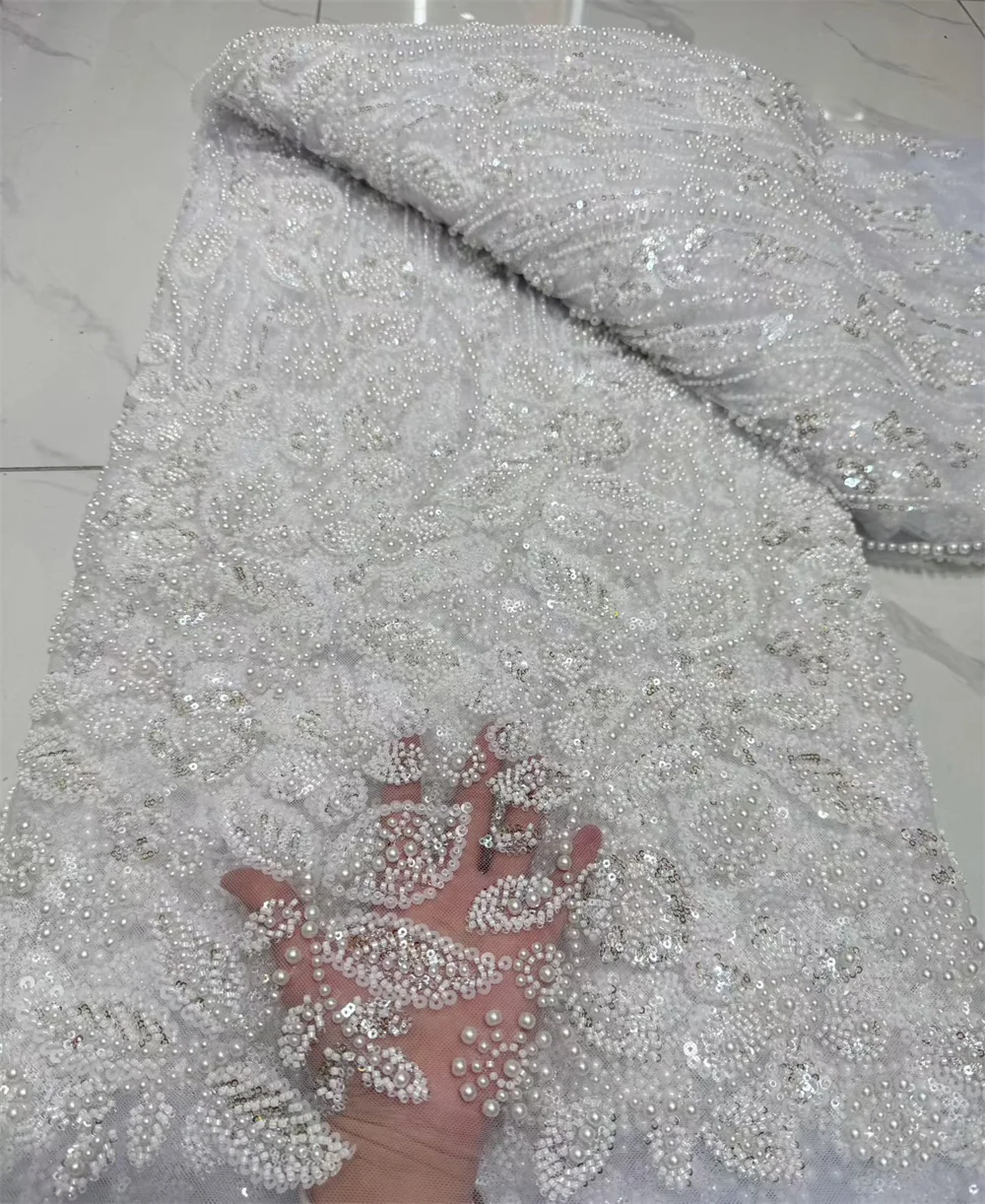 Luxury African Sequins Beaded Lace Fabric 2025 High Quality Lace 5 Yards Purple French Lace Fabric Nigerian Lace Fabrics H153-1