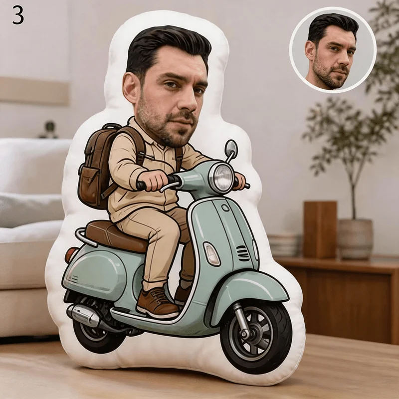 Custom Photo Scooter Rider Portrait Shaped Pillow, Beige Blue Decorative Cushion, Double-Sided Printing, 60CM Accent Pillow for
