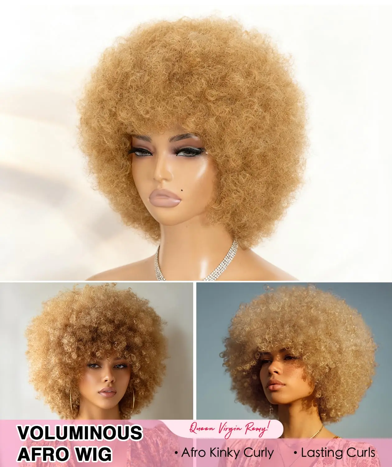 Short Afro Kinky Curly Bob Human Hair Glueless Wig With Bangs Natural Bouncy Afro Style Wig For Women Daily Party Occasion Wear
