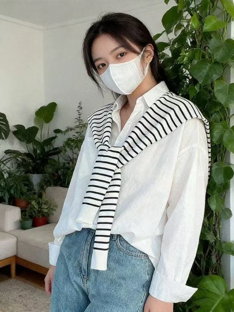 Korean Style Warm Shawl Winter Female Knitted Blouse with Fake Collar Cape Knotted Scarf Stripe Pattern Shoulder Pad Outerwear