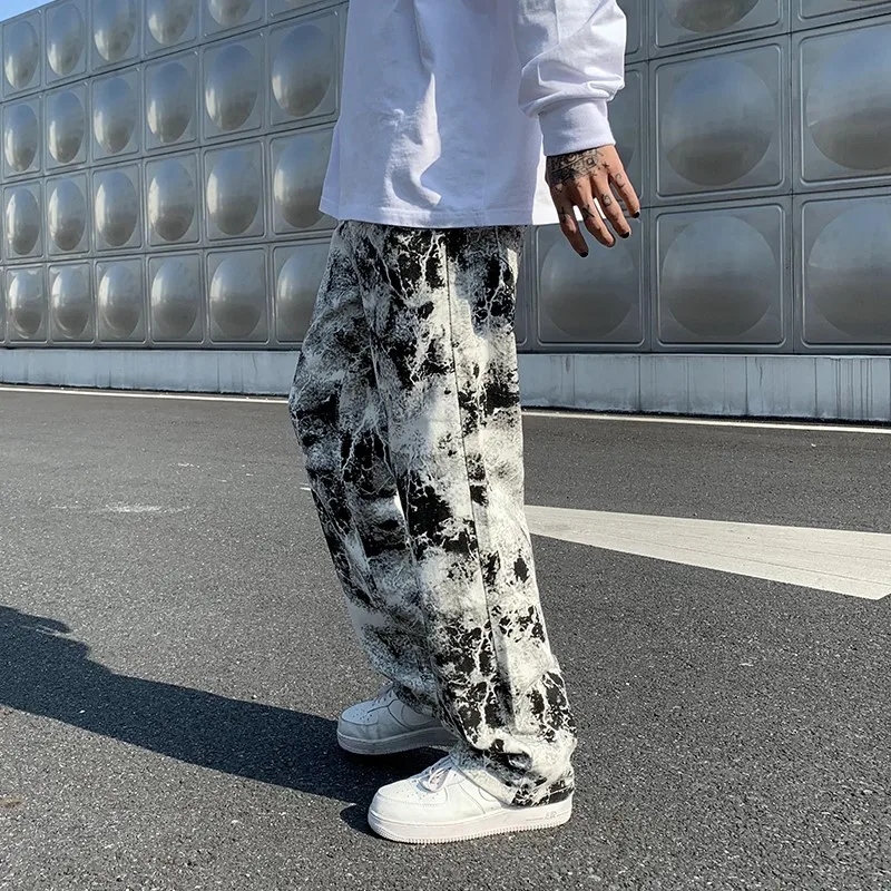 Printed jeans men Spring 2025Tie dye Jeans Fashion trend Denim Trousers Korean Style High Street Straight Hip Hop Jean Pants man