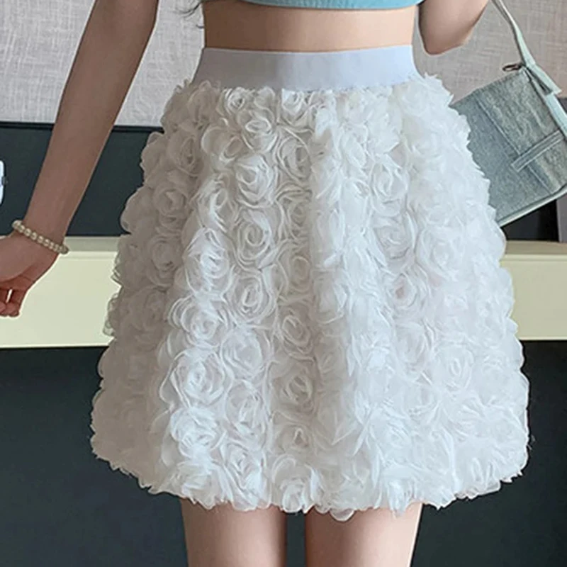 3D Rose Tulle Skirt Elastic Waist A-Line Flower Mesh Mini Skirt Tutu Skirt Coquette Fairycore Spring Summer 2026