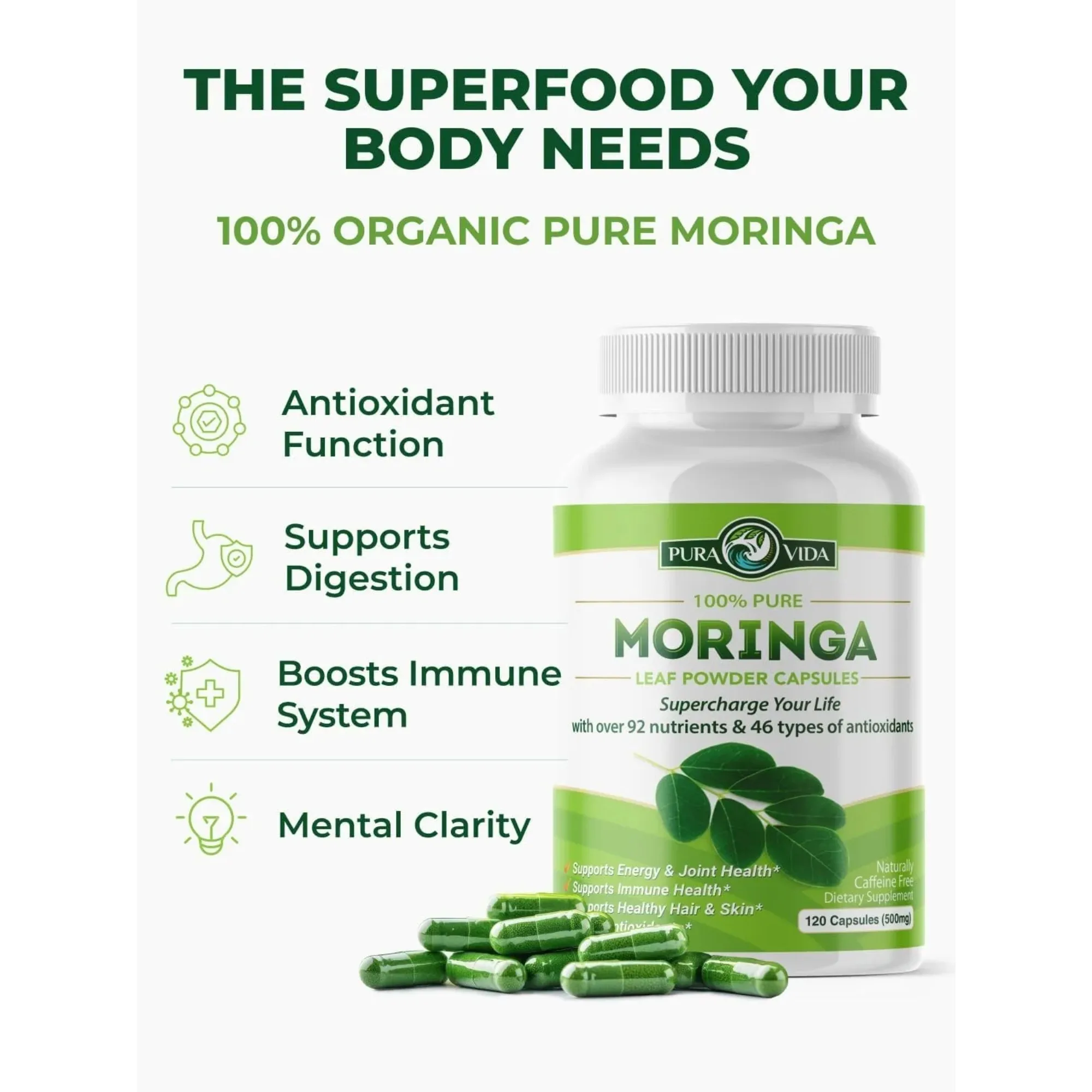 

Moringa Capsules 500mg - Rich in Essential Amino Acids and Antioxidants, It Helps Improve Energy, Digestion, and Immune Function