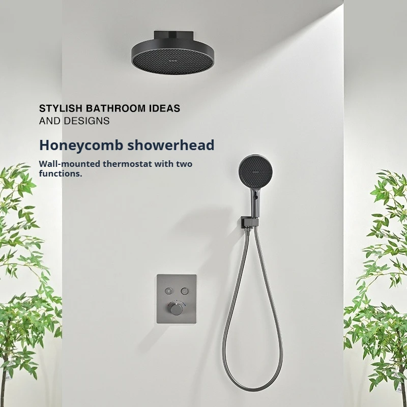 

Farrete luxury concealed thermostatic shower head all-copper gun gray wall-mounted three-function button water outlet shower set