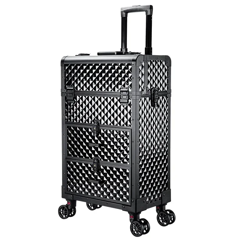 Large Aluminum Trolley Makeup Box Professional Cosmetic Luggage Case Nail Embroidery Suitcase Multi-layer Storage Tool Bag New
