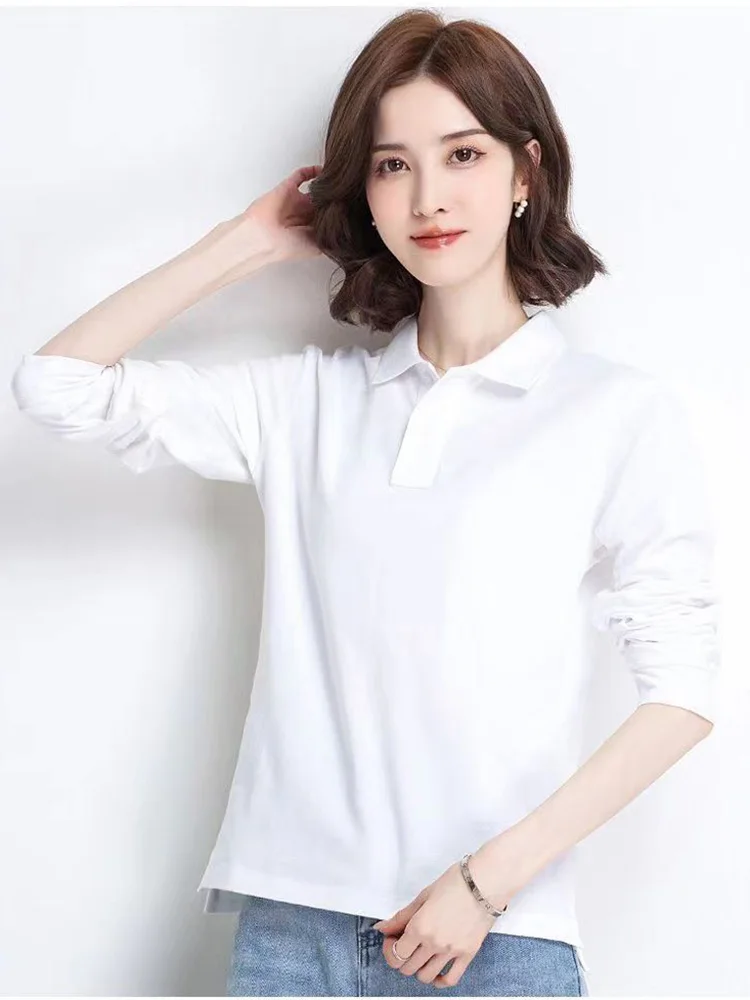 Women Autumn 100% Cotton Casual Long Sleeve Polos  Lapel T-shirt  Breathable Fit Lady Female Large Size Leisure Sport Tees Tops