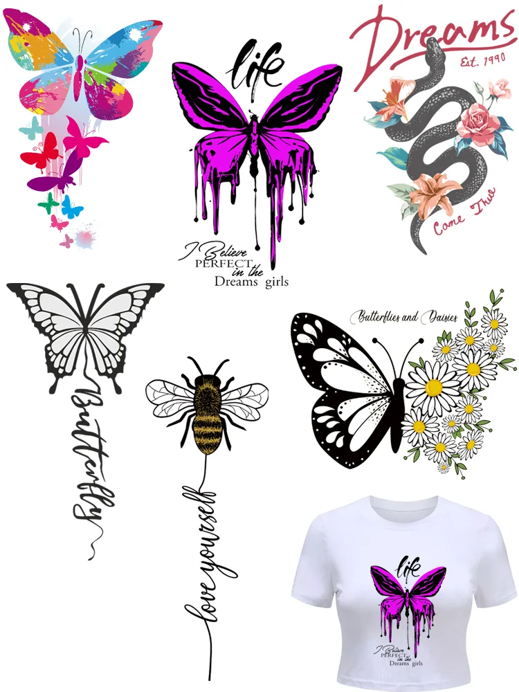 Butterfly/Bee clothes patches Big size thermo-stickers for woman t-shirt print iron on transfer