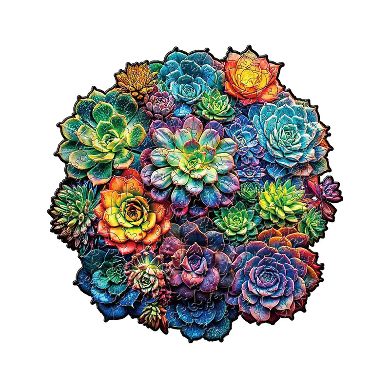 Colorful Wooden Succulents Plants Puzzle Irregular Shaped Jigsaw Puzzle Model Family Game Decompression Toys Gift For Children