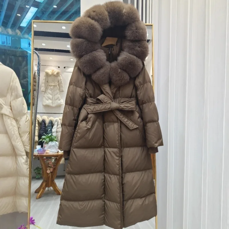 Autumn Winter 2026 New Large Natural Fox Fur Collar Women's Mid-length White Duck Down Down Jacket Extra-thick Warm Fur Coat