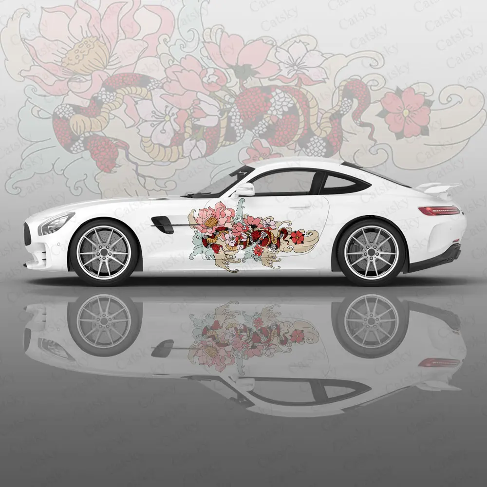 Red Flower Snake Car Graphic Decal Protect Full Body Vinyl Wrap Modern Design Vector Image Wrap Sticker Decorative Car Decal