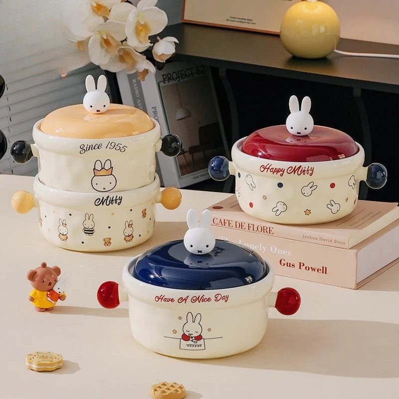 미피 귀여운 만화 세라믹 국수 그릇 뚜껑 포함 대용량 전자레인지 사용 가능 도시락 내구성 보온 사무실 및 가정용