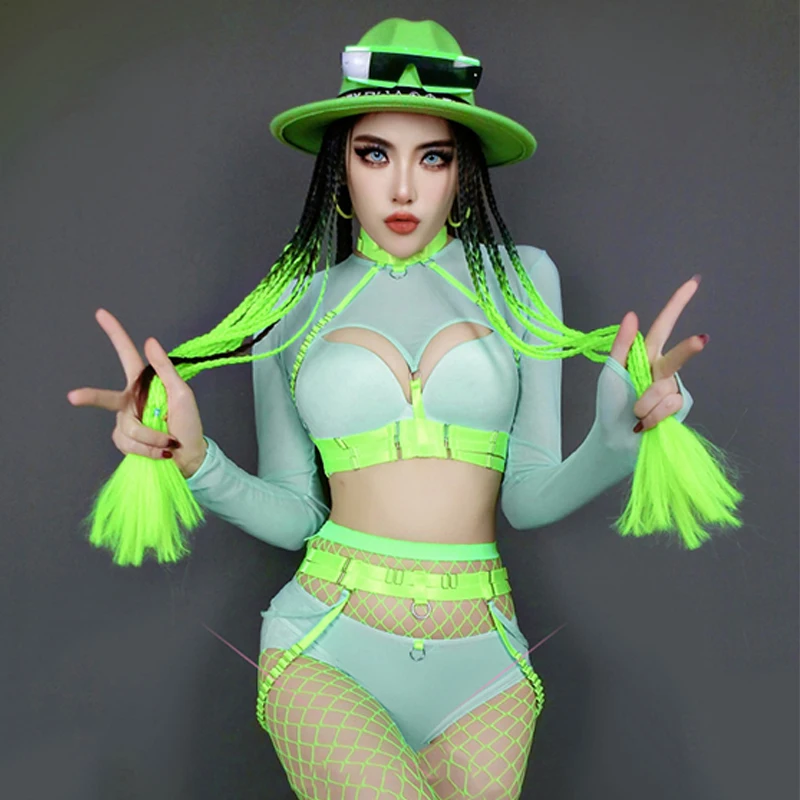 

Fluorescent Green GoGo Dance Costume Women Nightclub Sexy Dj Show Clothing Mesh Tops Bikini Rave Outfit Bar Party Wear DNV17809