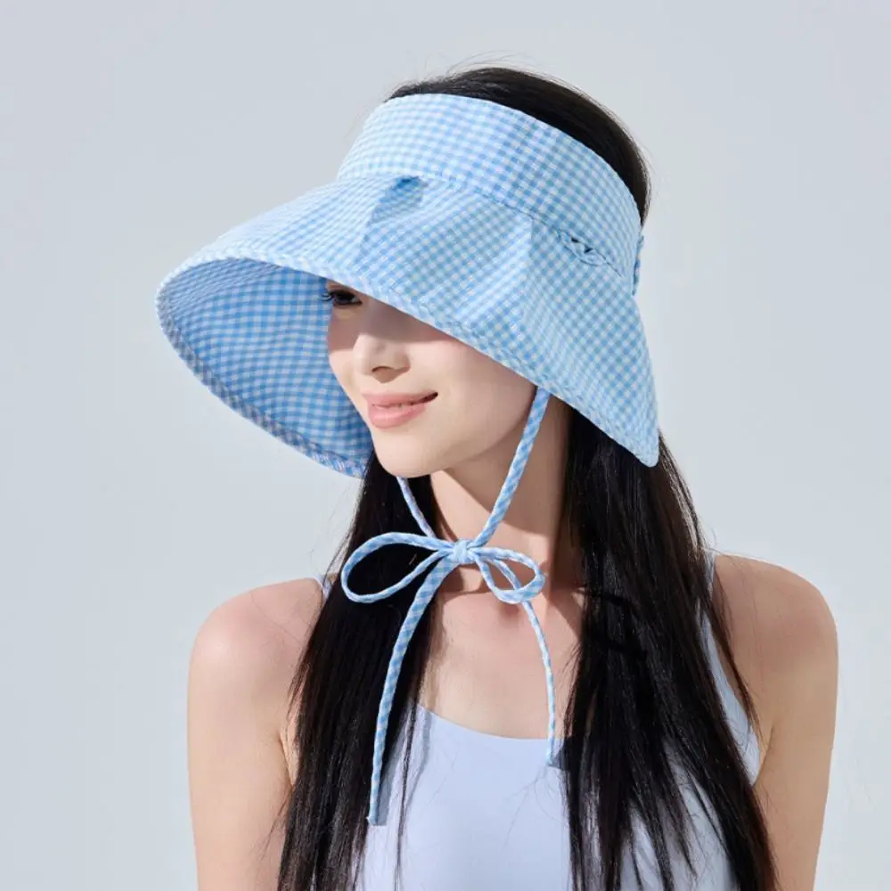 Fashion Checkered Sun Hat UV Protection Foldable Empty Top Beach Hat Wide Brim Breathable Women Sun Shade Visors