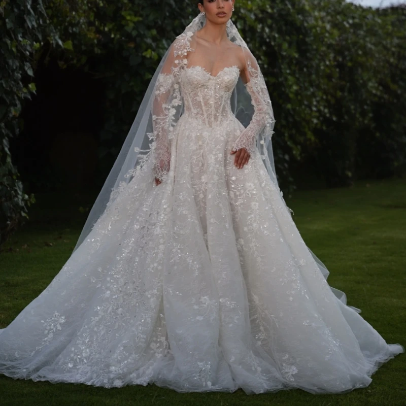 

Luxury White Dubai Arabic Mermaid Wedding Dresses Applique Lace Beads Tull A-Line Court Train Wedding Dress Bridal Gowns vestido